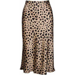 Leopard Women's Midi Length High Waist Silk Satin Elasticized Cheetah Skirt